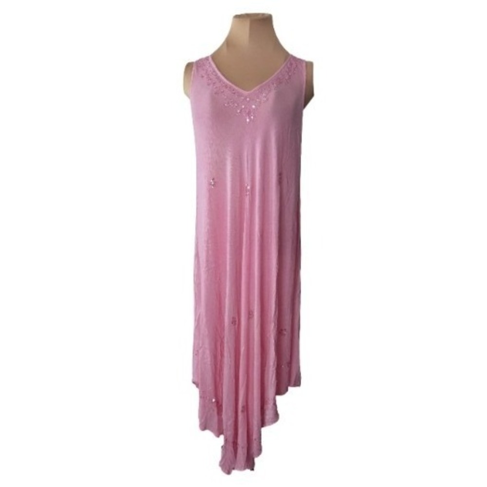 Pink Rayon Sequin Embroidered Sharkbite Hem Maxi Dress‎ Free Size Boho Beach
